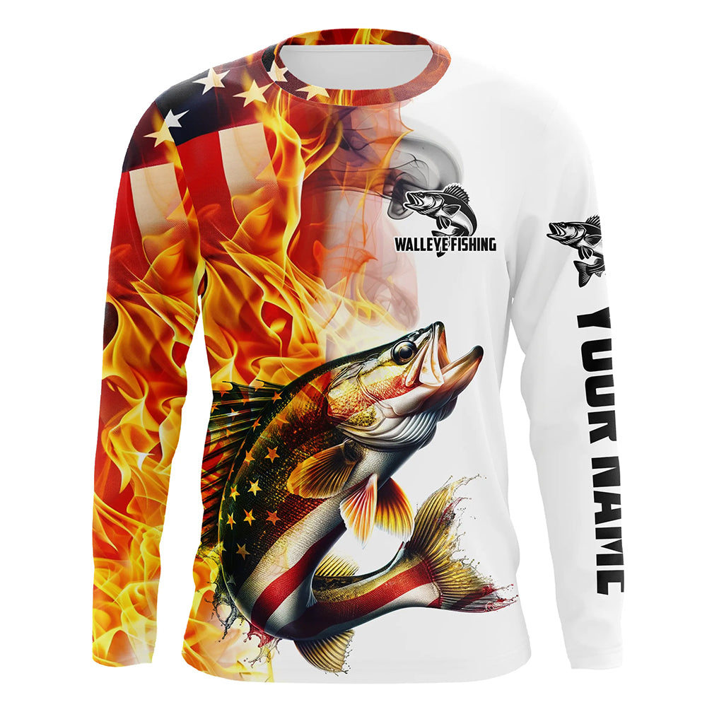 Flame American Flag Custom Walleye Fishing Shirts, Patriotic Walleye Long Sleeve Fishing Jerseys IPHW5965