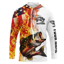 Load image into Gallery viewer, Flame American Flag Custom Bass Fishing Shirts, Patriotic Bass Long Sleeve Fishing Jerseys IPHW5966