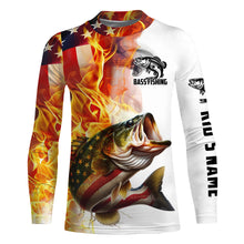 Load image into Gallery viewer, Flame American Flag Custom Bass Fishing Shirts, Patriotic Bass Long Sleeve Fishing Jerseys IPHW5966