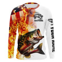 Load image into Gallery viewer, Flame American Flag Custom Bass Fishing Shirts, Patriotic Bass Long Sleeve Fishing Jerseys IPHW5966