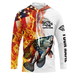 Flame American Flag Custom Crappie Fishing Shirts, Patriotic Crappie Long Sleeve Fishing Jerseys IPHW5967