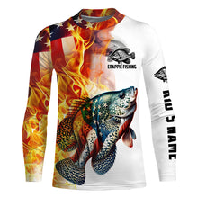 Load image into Gallery viewer, Flame American Flag Custom Crappie Fishing Shirts, Patriotic Crappie Long Sleeve Fishing Jerseys IPHW5967