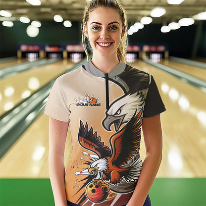 Custom Eagle Bowling Jerseys With Name, Orange Eagle Bowling League Women Quarter-Zip Shirt IPHW8762