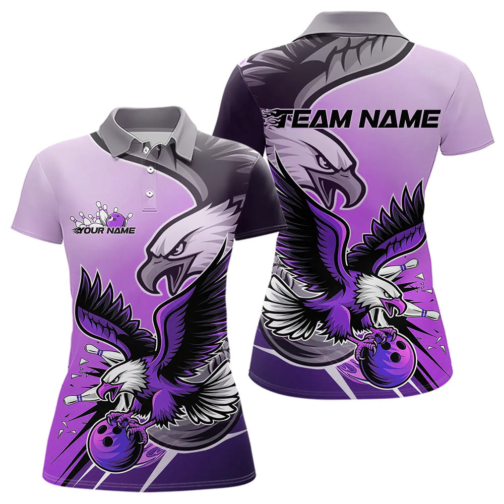 Custom Eagle Bowling Jerseys With Names, Purple Eagle Bowling League Women Polo Shirts IPHW8763