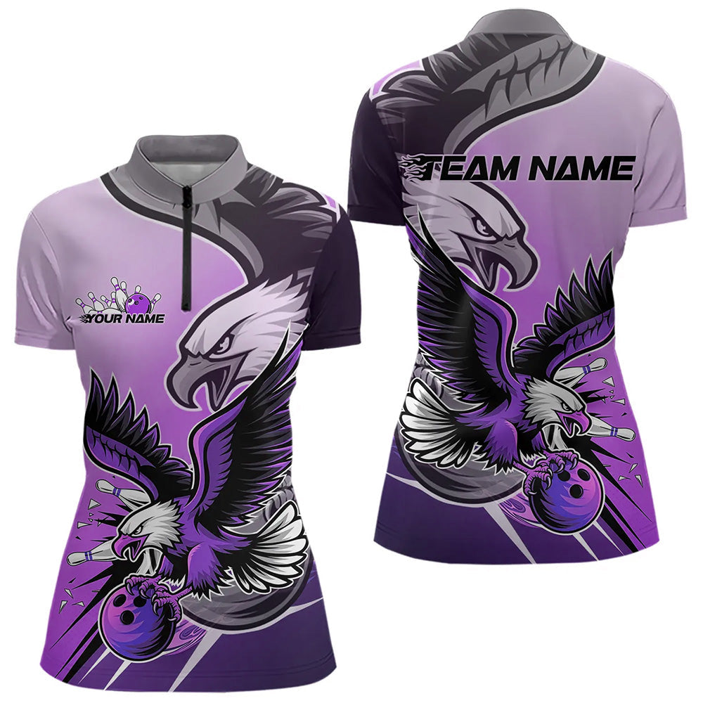 Custom Eagle Bowling Jerseys With Name, Purple Eagle Bowling League Women Quarter-Zip Shirt IPHW8763