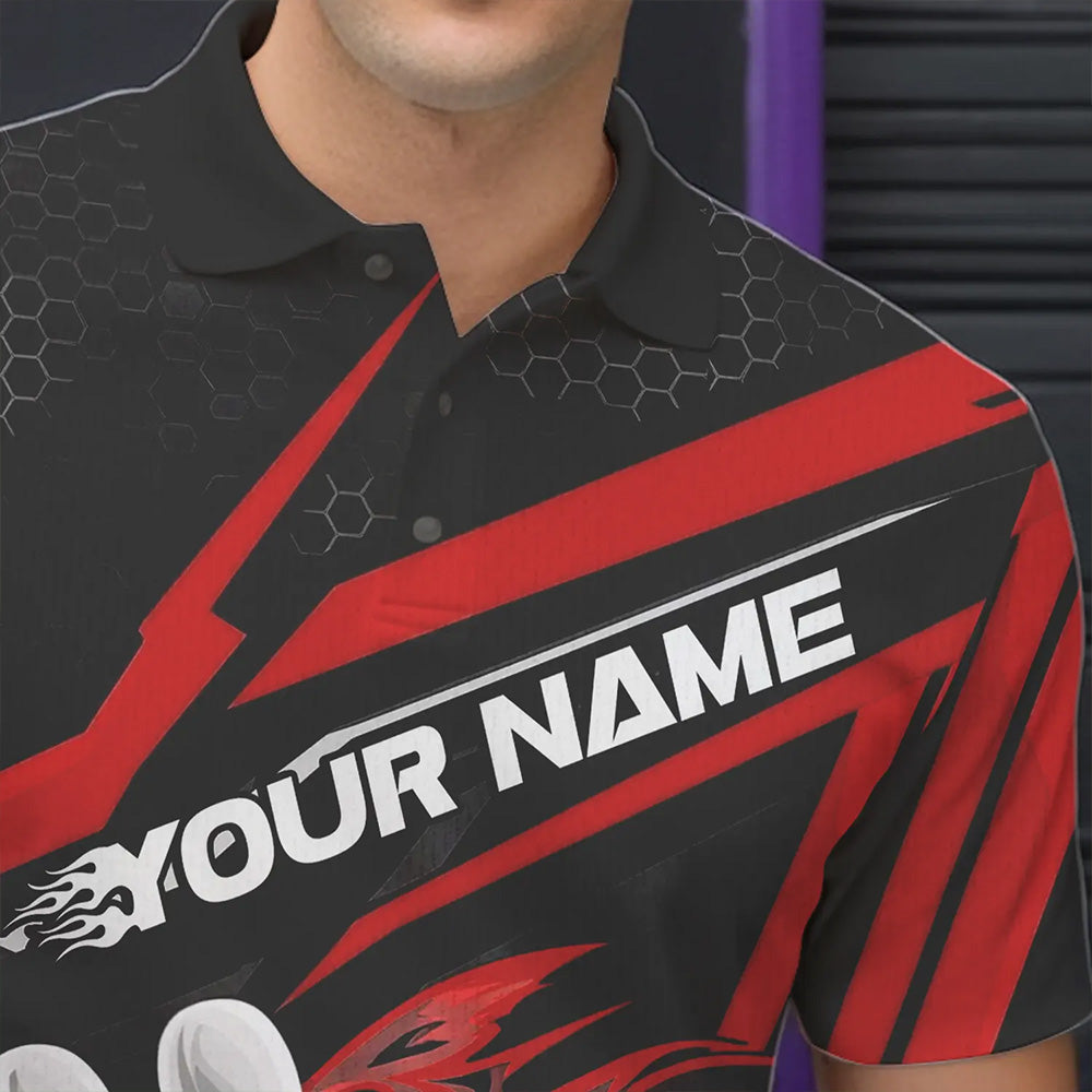Custom Black And Red Flame Bowling Team Polo Shirts For Men, Fire Bowling League Shirt IPHW8768