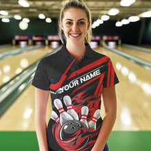 Load image into Gallery viewer, Custom Black And Red Flame Bowling Team Polo Shirts For Women, Fire Bowling League Shirt IPHW8768