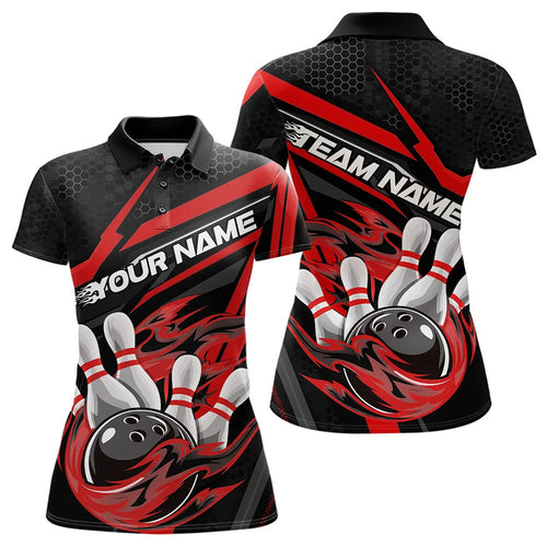 Custom Black And Red Flame Bowling Team Polo Shirts For Women, Fire Bowling League Shirt IPHW8768