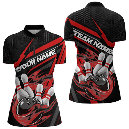 Custom Black And Red Flame Bowling Team Women Quarter-Zip Shirts, Fire Bowling League Shirt IPHW8768