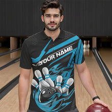 Load image into Gallery viewer, Custom Black And Blue Flame Bowling Team Polo Shirts For Men, Fire Bowling League Shirt IPHW8769