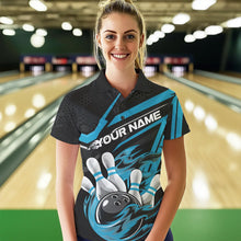 Load image into Gallery viewer, Custom Black And Blue Flame Bowling Team Polo Shirts For Women, Fire Bowling League Shirt IPHW8769