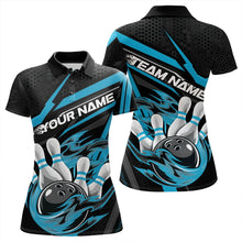 Load image into Gallery viewer, Custom Black And Blue Flame Bowling Team Polo Shirts For Women, Fire Bowling League Shirt IPHW8769