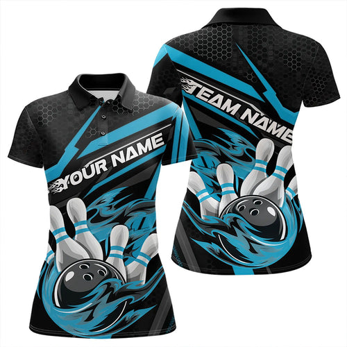 Custom Black And Blue Flame Bowling Team Polo Shirts For Women, Fire Bowling League Shirt IPHW8769