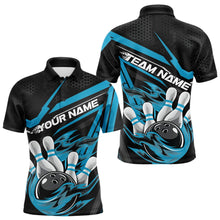 Load image into Gallery viewer, Custom Black And Blue Flame Bowling Team Polo Shirts For Men, Fire Bowling League Shirt IPHW8769