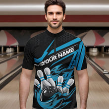 Load image into Gallery viewer, Custom Black And Blue Flame Bowling Team Quarter-Zip Shirts For Men, Fire Bowling League Shirt IPHW8769