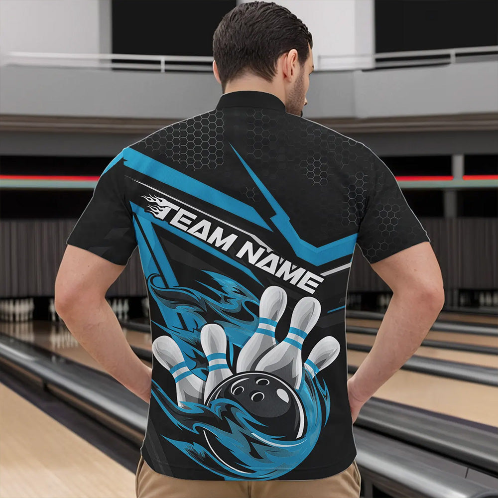 Custom Black And Blue Flame Bowling Team Quarter-Zip Shirts For Men, Fire Bowling League Shirt IPHW8769