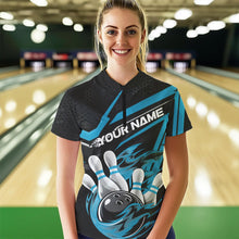 Load image into Gallery viewer, Custom Black And Blue Flame Bowling Team Women Quarter-Zip Shirt, Fire Bowling League Shirt IPHW8769