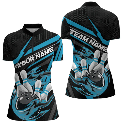 Custom Black And Blue Flame Bowling Team Women Quarter-Zip Shirt, Fire Bowling League Shirt IPHW8769