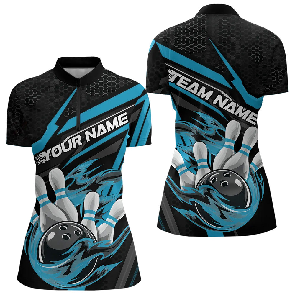 Custom Black And Blue Flame Bowling Team Women Quarter-Zip Shirt, Fire Bowling League Shirt IPHW8769
