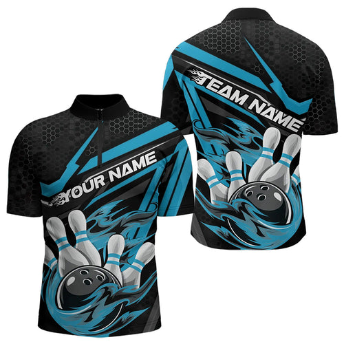 Custom Black And Blue Flame Bowling Team Quarter-Zip Shirts For Men, Fire Bowling League Shirt IPHW8769