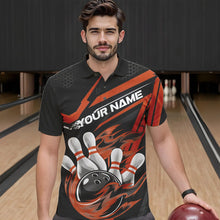 Load image into Gallery viewer, Custom Black And Orange Flame Bowling Team Polo Shirts For Men, Fire Bowling League Shirt IPHW8770