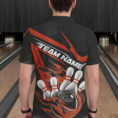 Custom Black And Orange Flame Bowling Team Polo Shirts For Men, Fire Bowling League Shirt IPHW8770