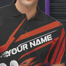 Load image into Gallery viewer, Custom Black And Orange Flame Bowling Team Polo Shirts For Men, Fire Bowling League Shirt IPHW8770