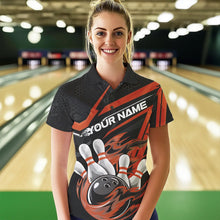 Load image into Gallery viewer, Custom Black And Orange Flame Bowling Team Polo Shirts For Women, Fire Bowling League Shirt IPHW8770