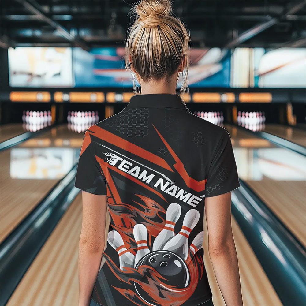 Custom Black And Orange Flame Bowling Team Polo Shirts For Women, Fire Bowling League Shirt IPHW8770