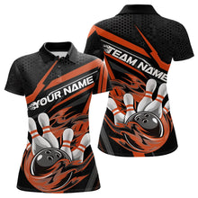 Load image into Gallery viewer, Custom Black And Orange Flame Bowling Team Polo Shirts For Women, Fire Bowling League Shirt IPHW8770