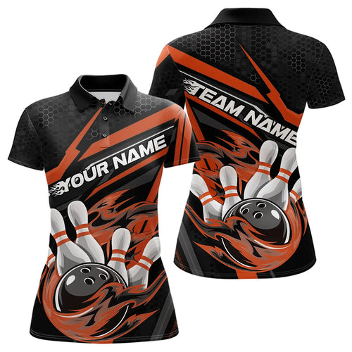 Custom Black And Orange Flame Bowling Team Polo Shirts For Women, Fire Bowling League Shirt IPHW8770