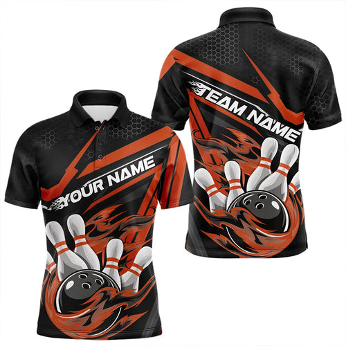Custom Black And Orange Flame Bowling Team Polo Shirts For Men, Fire Bowling League Shirt IPHW8770