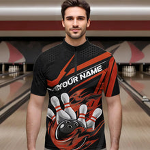 Load image into Gallery viewer, Custom Black And Orange Flame Bowling Team Quarter-Zip Shirts For Men, Fire Bowling League Shirt IPHW8770
