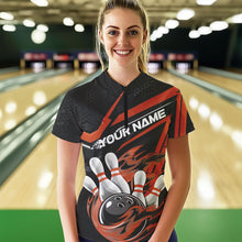Load image into Gallery viewer, Custom Black And Orange Flame Bowling Women Quarter-Zip Shirts, Fire Bowling League Shirt IPHW8770