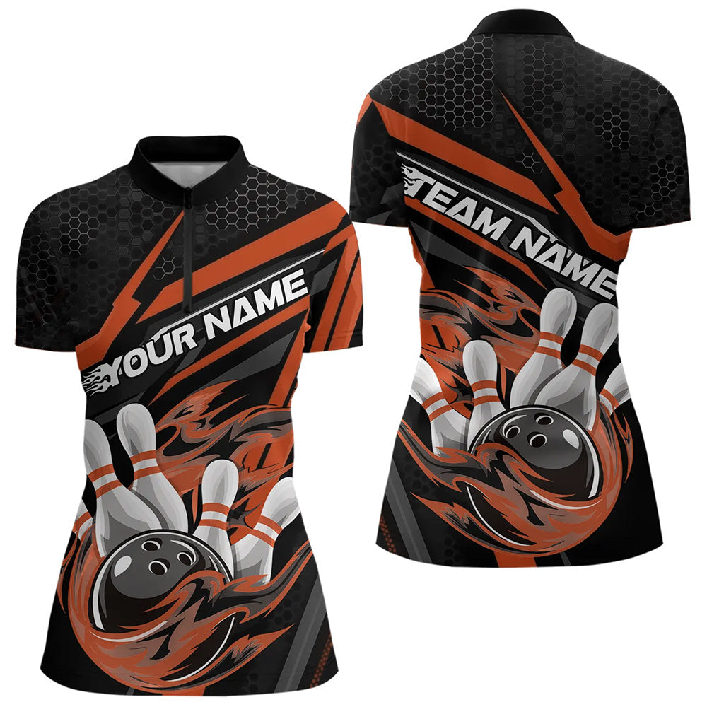 Custom Black And Orange Flame Bowling Women Quarter-Zip Shirts, Fire Bowling League Shirt IPHW8770