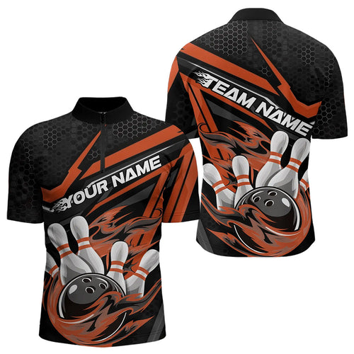 Custom Black And Orange Flame Bowling Team Quarter-Zip Shirts For Men, Fire Bowling League Shirt IPHW8770