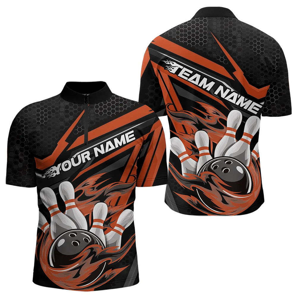 Custom Black And Orange Flame Bowling Team Quarter-Zip Shirts For Men, Fire Bowling League Shirt IPHW8770