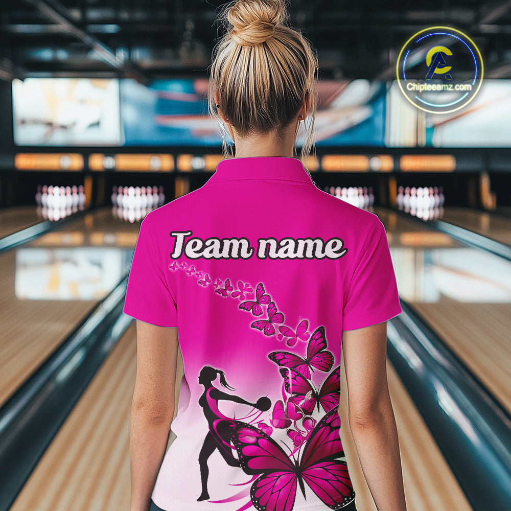 Custom Pink Gradient Butterfly Bowling Team Women Polo Shirts, Butterflies Bowlers Outfit IPHW9009