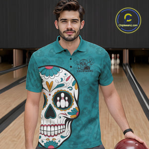 Custom Blue Sugar Skull Bowling Team Polo Shirts For Men, Halloween Bowlers Outfit IPHW9255