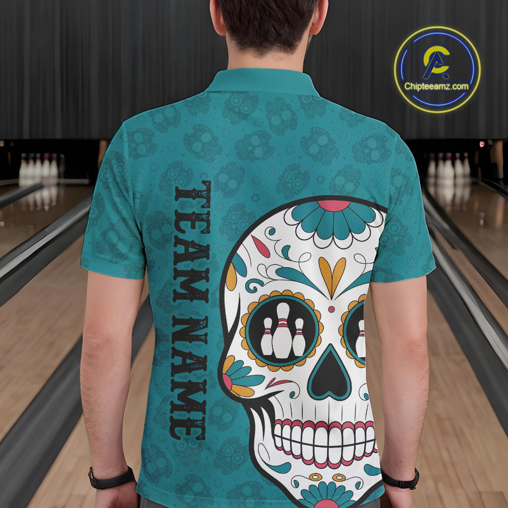 Custom Blue Sugar Skull Bowling Team Polo Shirts For Men, Halloween Bowlers Outfit IPHW9255