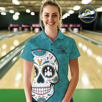 Custom Blue Sugar Skull Bowling Team Polo Shirts For Women, Halloween Bowlers Outfit IPHW9255