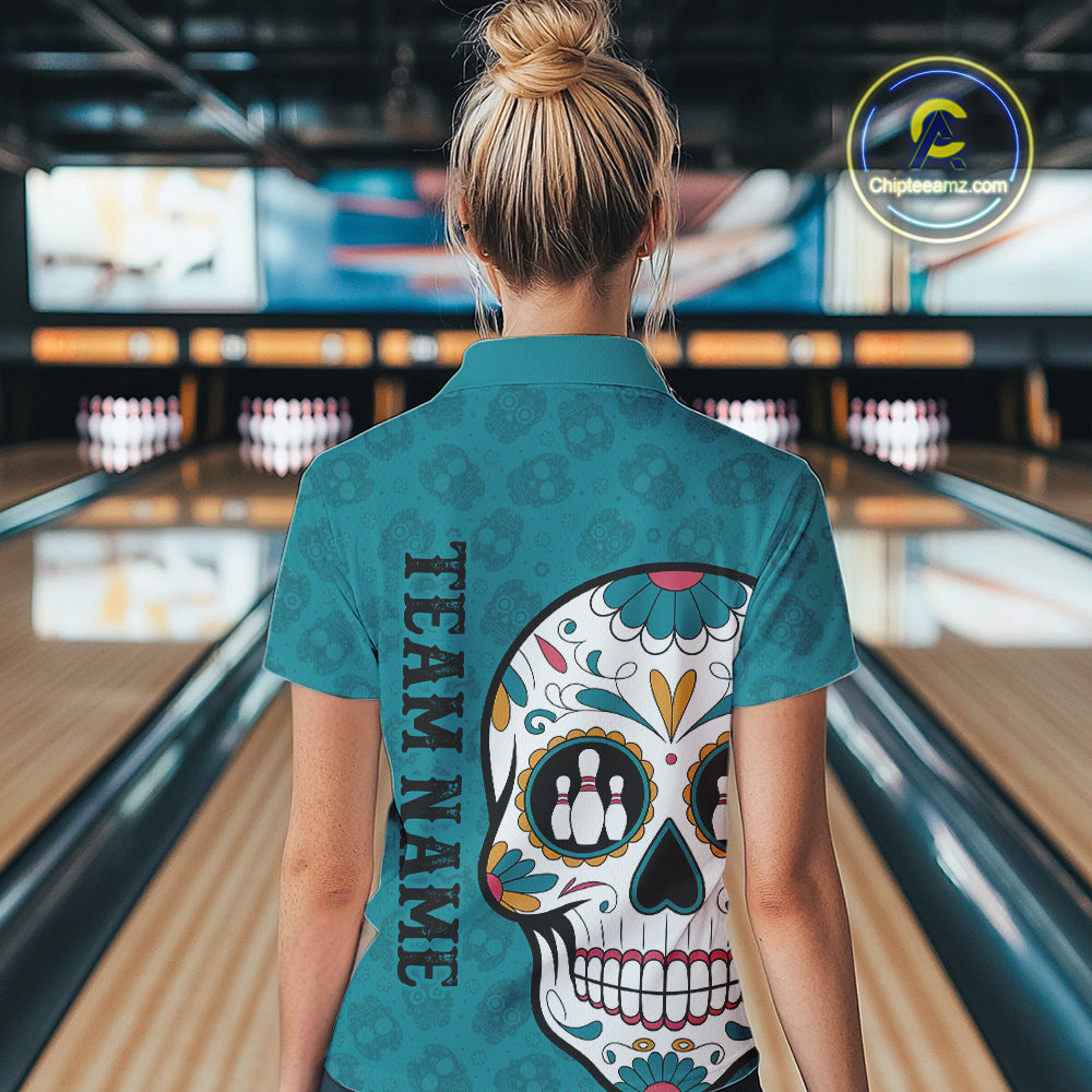Custom Blue Sugar Skull Bowling Team Polo Shirts For Women, Halloween Bowlers Outfit IPHW9255