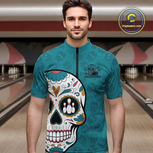 Custom Blue Sugar Skull Bowling Team Quarter-Zip Shirts For Men, Halloween Bowlers Outfit IPHW9255