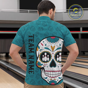 Custom Blue Sugar Skull Bowling Team Quarter-Zip Shirts For Men, Halloween Bowlers Outfit IPHW9255