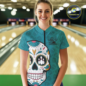 Custom Blue Sugar Skull Bowling Team Women Quarter-Zip Shirt, Halloween Bowlers Outfit IPHW9255