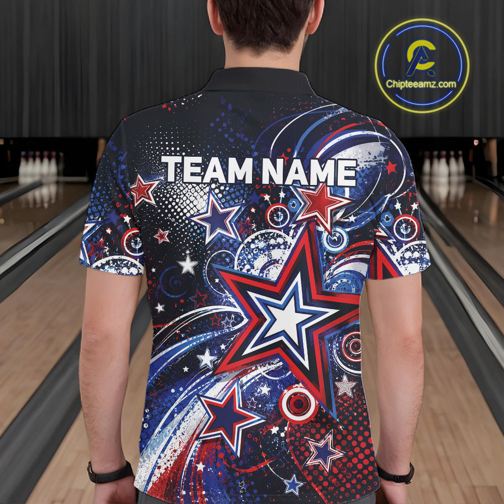 Back view of a male model in a bowling alley wearing a custom bowling polo shirt featuring red, white, and blue patriotic stars, halftone dots, and a grunge texture design.