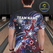 Load image into Gallery viewer, Back view of a male model in a bowling alley wearing a custom bowling polo shirt featuring red, white, and blue patriotic stars, halftone dots, and a grunge texture design.