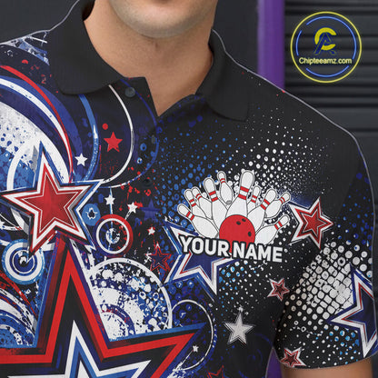 Close up front view of the left chest area on a custom bowling polo shirt featuring red, white, and blue patriotic stars, halftone dots, and a grunge texture design.