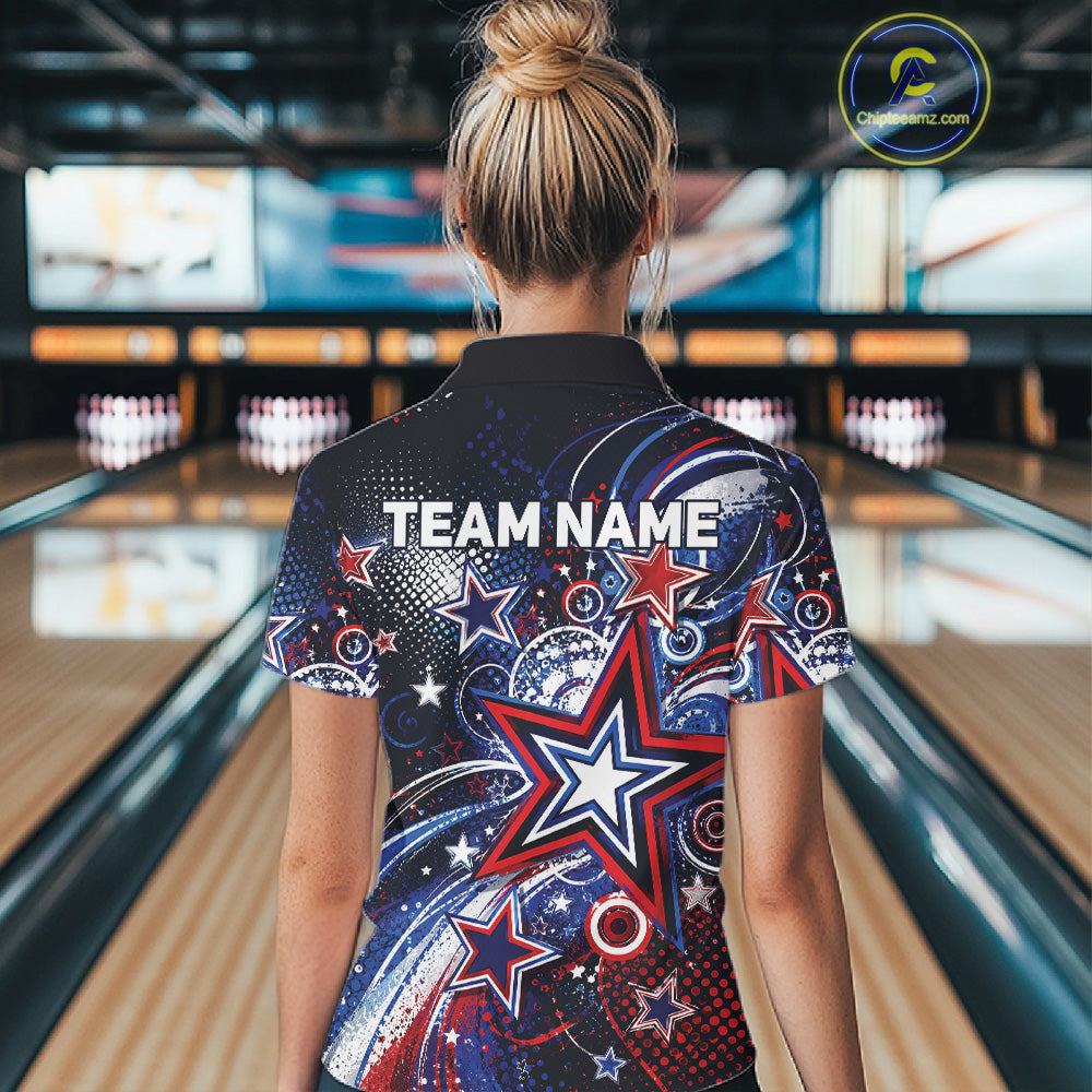Back view of a female model in a bowling alley wearing a custom bowling polo shirt featuring red, white, and blue patriotic stars, halftone dots, and a grunge texture design.