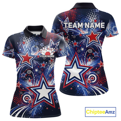 Front and back views of a custom women's bowling polo shirt featuring red, white, and blue patriotic stars, halftone dots, and a grunge texture design.